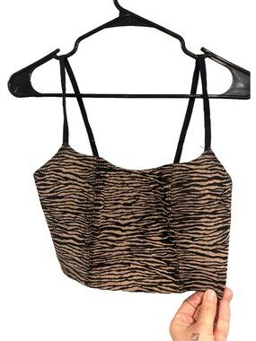 Y2K BUSTIER Animal Print Fitted Bra Tan Black 38 Cropped Tiger Stripe Mesh Goth